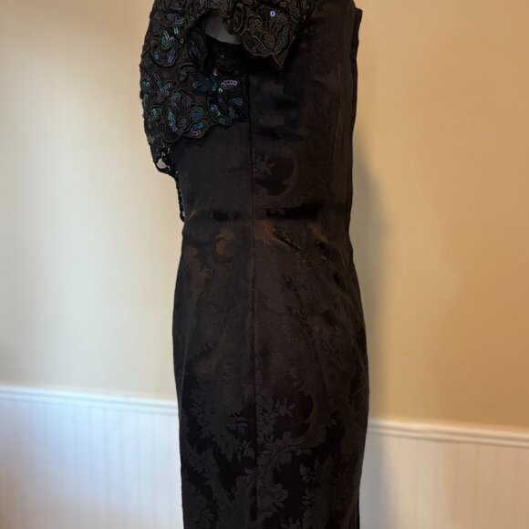 JESSICA McCLINTOCK Off-Shoulder Damask + Sequins Black Party Dress | 80s Size 4 - Picture 5 of 11